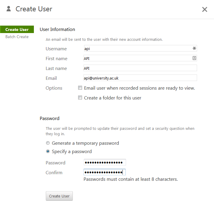 The Panopto create user screen from Settings > Users